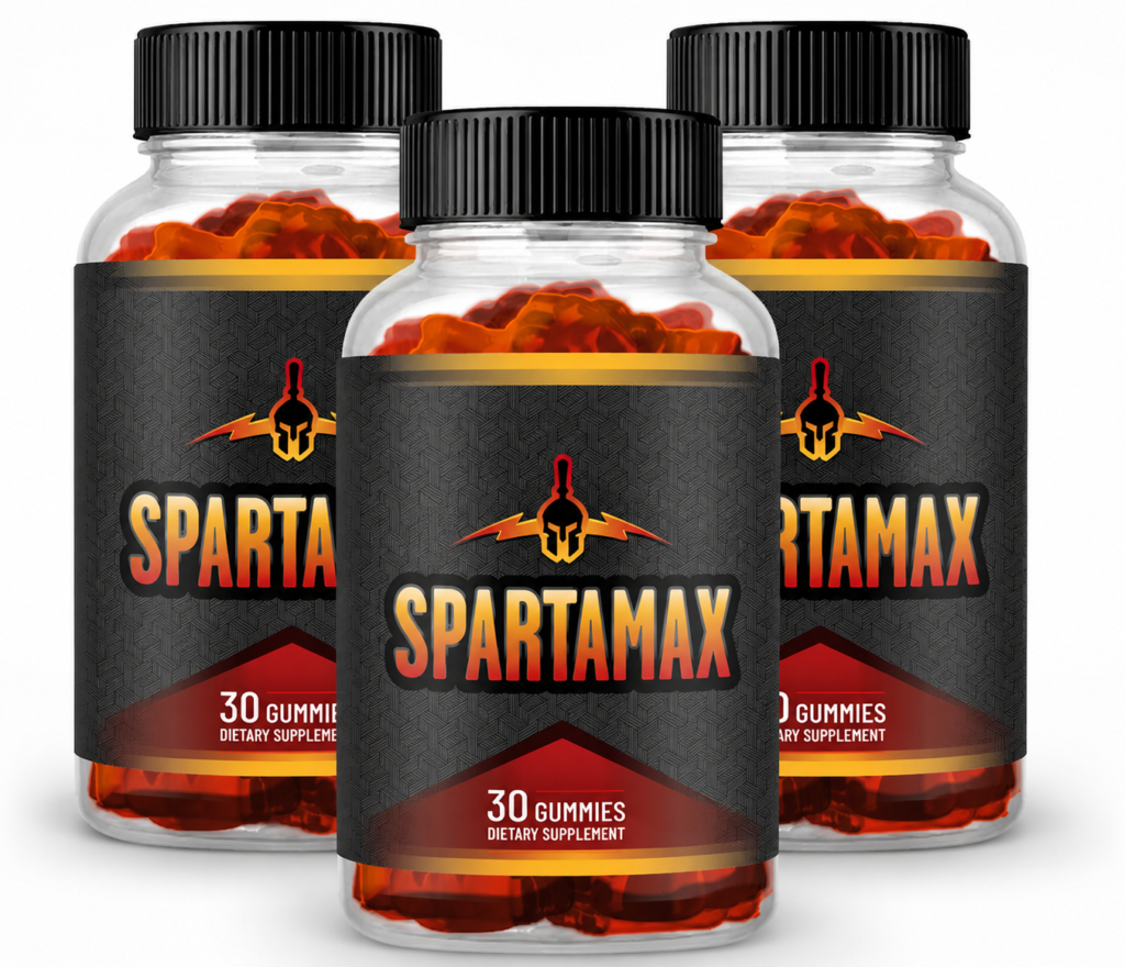 Three SpartaMax gummy dietary supplement bottles with black labels and orange gummies isolated on white background