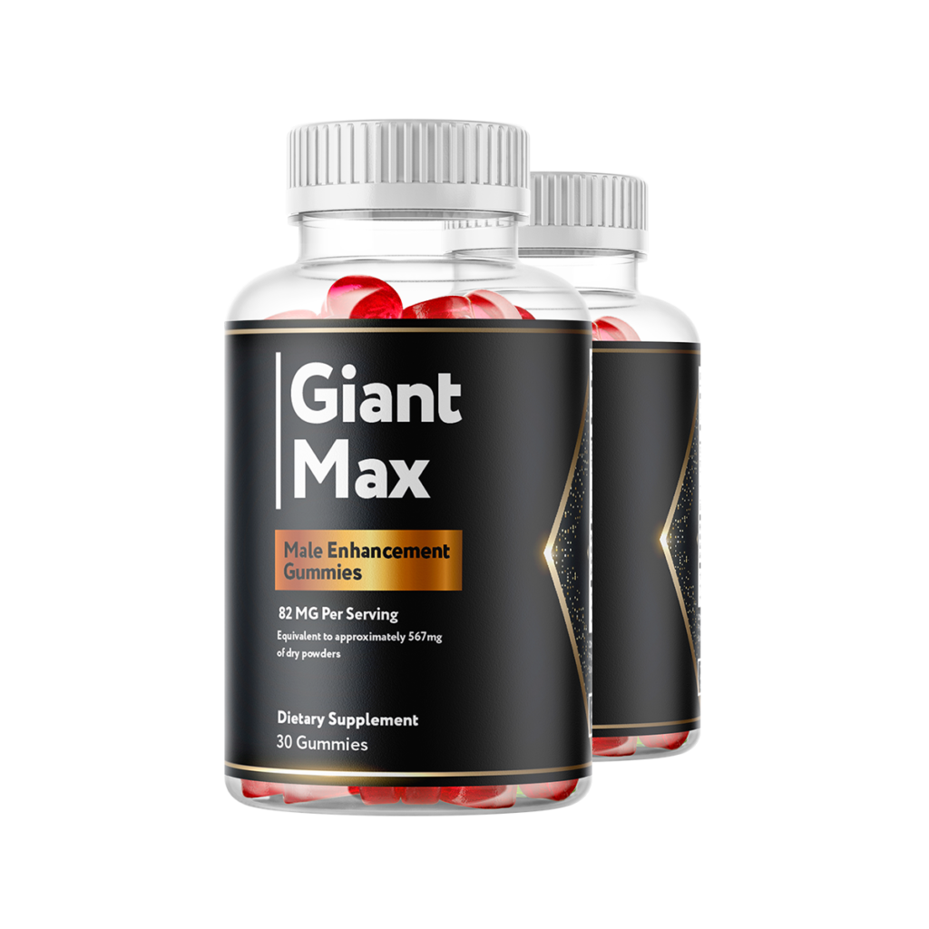 Two bottles of Giant Max Male Enhancement Gummies with premium black and gold label showing 82mg per serving and 30 gummies per bottle – men's dietary supplement assembled in the USA