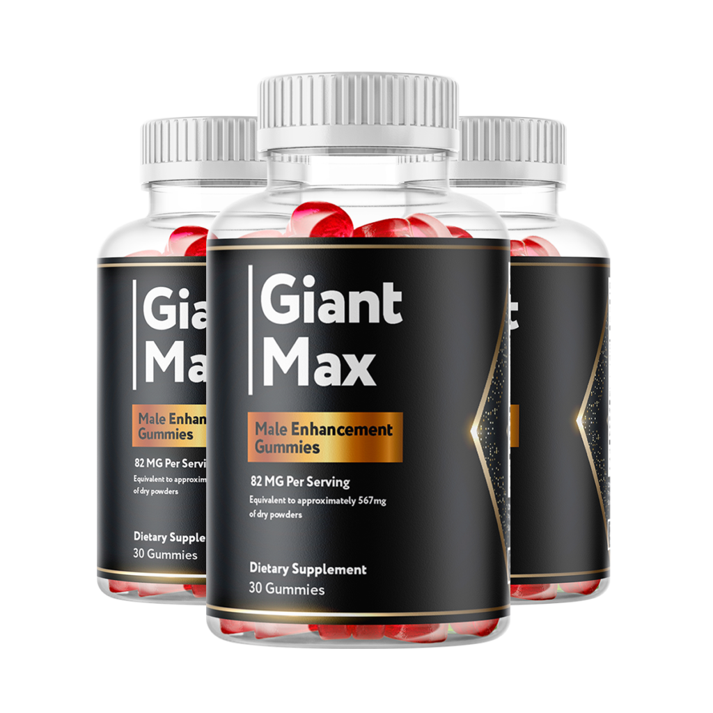 Three bottles of Giant Max Male Enhancement Gummies dietary supplement with black and gold label – 30 gummies per bottle – 82mg proprietary blend per serving