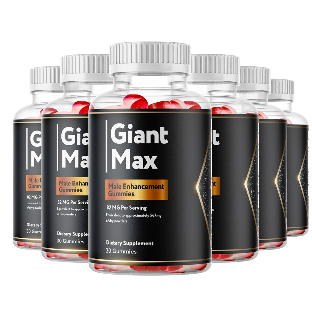 Six bottles of Giant Max Male Enhancement Gummies arranged in two rows – premium black and gold label – 30 gummies per bottle – best value bundle for men's dietary supplement