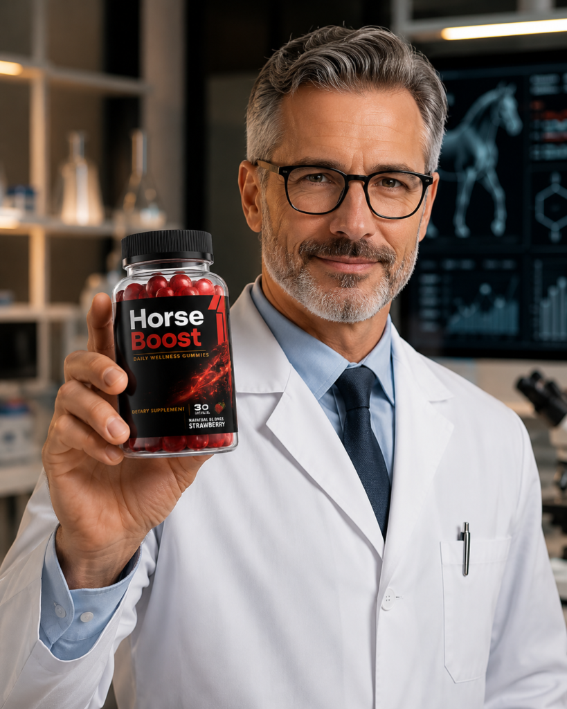 Doctor in lab coat holding Horse Boost Male Vitality Formula strawberry gummies bottle in laboratory — natural male vitality dietary supplement
