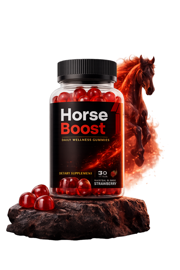 Horse Boost single bottle with 30 red strawberry gummies on rock with fiery horse — Male Vitality Formula daily wellness dietary supplement