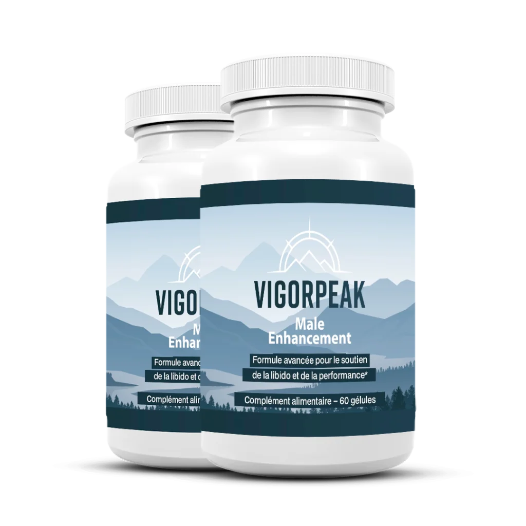 VigorPeak+ Male Performance capsules with blue mountain landscape label – advanced formula for vitality and performance support – 60 capsules dietary supplement – clean white background