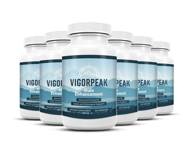 Six white bottles of VigorPeak Male Enhancement capsules with blue mountain label arranged in two rows – advanced formula for libido and performance support – 60 capsules per bottle – best value bundle