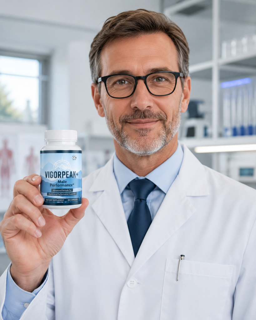 Smiling middle-aged male doctor with glasses in white lab coat holding VigorPeak+ Male Performance supplement bottle in modern laboratory setting – advanced formula for vitality and performance support