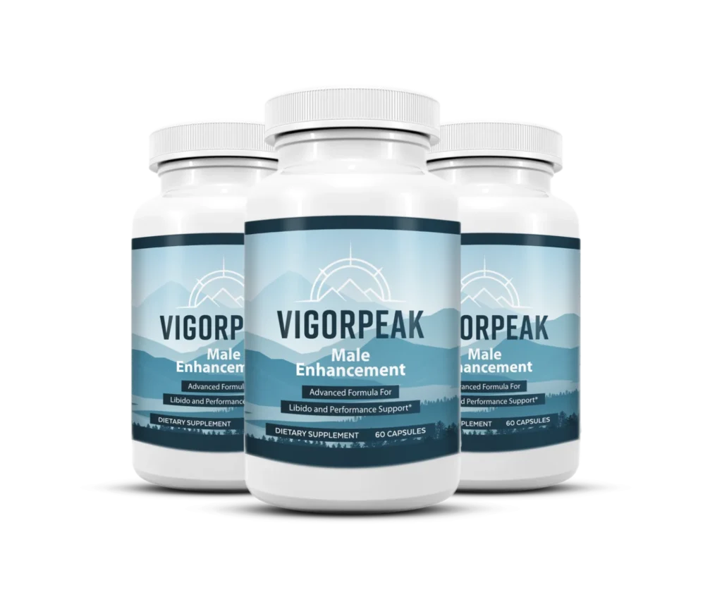 Man's hand gripping VigorPeak+ Male Performance supplement bottle against dark gym background with bold Men's Daily Vitality text – advanced formula for vitality and performance support – 180 capsules dietary supplement