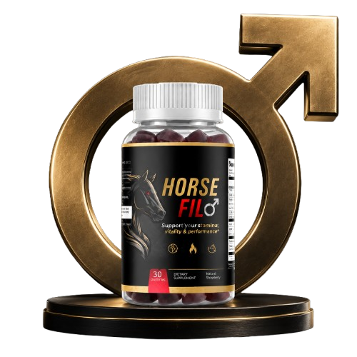 Horse Fil single bottle 30 strawberry gummies — male dietary supplement supporting stamina, vitality and performance with gold male symbol background