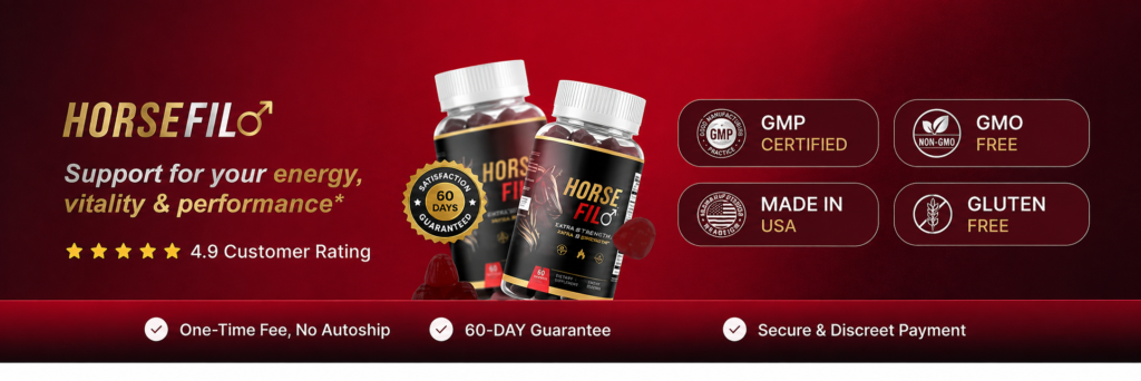 HorseFil dietary supplement gummies bottles with GMP certified, non-GMO, gluten free badges, made in USA, supporting energy and vitality